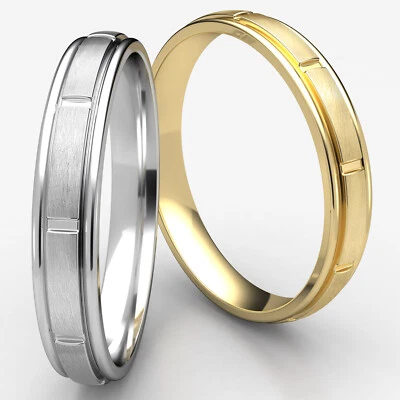 Satin Center Cut Round Edge Ring 4mm Man Men's Women's Wedding Band 14k Gold - Image 1 of 4