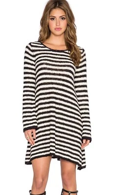 Free People 条纹秋千毛衣连衣裙黑色白色束腰长袖大号针织 — 第 1/4 张图片