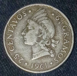 1961 DOMINICAN REPUBLIC          6 1/4 GRAMOS 25 Centavos       .900 Silver Coin - Picture 1 of 2