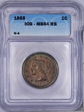 1855 Braided Hair Large Cent 1c ICG MS64 RB N-4 Beautiful Look!