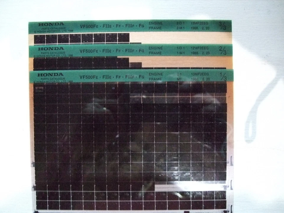 Genuine Honda VF500FE VF500FF/G Motorcycle Parts Catalogue 1988 Microfiche x 3 - Image 1 of 1