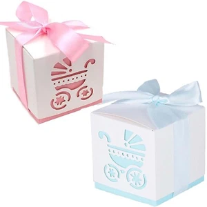 Baby Shower Favour Boxes Gender Reveal New Baby Pram Design 1st Bday Pink Blue - Picture 1 of 13