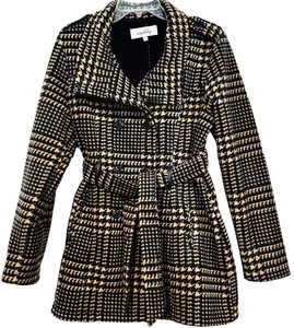 Sebby Hahnentritt Large Pea Mantel Jacke schwarz braun Gürtel Taschen gebraucht, in einwandfreiem Zustand Knopfleiste - Bild 1 von 9