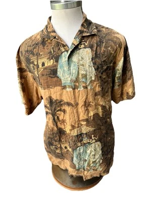Tommy Bahama Silk Hawaiian Shirt Asian Elephant And Buildings Tropical Mens Med - Image 1 of 4