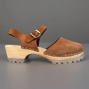 Sandalias suecas con zueco Mia Abba para mujer talla 39 marrón gamuza cuero madera - Imagen 1 de 10