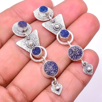 Pendiente de plata de ley 925 druso ágata titanio azul eléctrico natural 1,95" E41 Foto 1 de 4