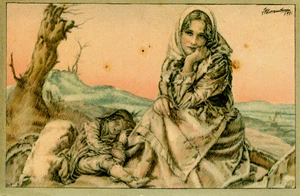 Artist Signed Vintage Postcard - A Poor Woman and a Sleeping Child - Picture 1 of 2