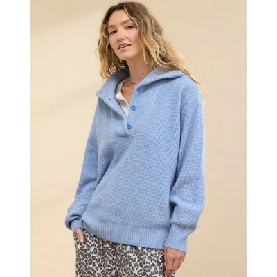 Aerie CozyUp Waffle Button Knit Pullover Sweater Blue Collared Long Sleeve M - Image 1 of 4