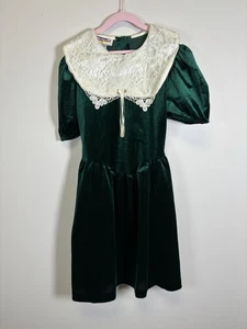Vestido de terciopelo verde Emily West vintage de los años 80 con cuello y dobladillo de encaje talla 16 niñas - Imagen 1 de 6