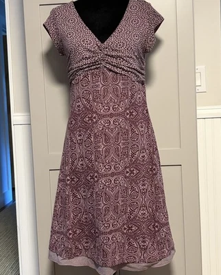 Vestido Athleta Dhara Mediano Línea A Manga Corta En Capas Burnout Boho Púrpura Cuello en V Foto 1 de 4