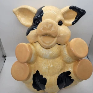 VTG Rare Ceramic Chubby Lauphing Pig Cookie Jar Tan Black Tall 10" in Approx. - Picture 1 of 13