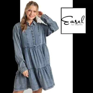 SIZE L EASEL DARK DENIM BUTTON FRONT WASHED DENIM SHIRT DRESS BHCS - Picture 1 of 6