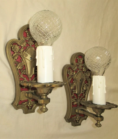 2 VTG ART DECO ERA GOTHIC CAST IRON SCONCES WALL FIXTURE CHANDELIER FROM 1930's Cover