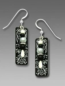 Adajio Earrings Black and White Berries and Vines Etched Column with Beads - Picture 1 of 4
