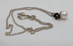 PANDORA Sterling Silver 925 Black Mystic FLower Pearl Necklace -17" - Picture 1 of 12