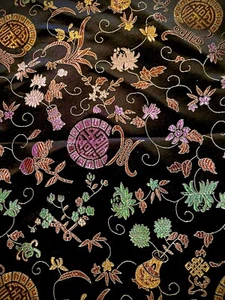 4 YardsBROCADE Black/ Multi Floral Fabric ASIAN REVERSES to Pastel Pattern 45” - Picture 1 of 9