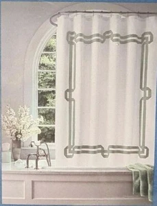 VERA WANG Simply Vera Signature Key Shower Curtain White Green 100% Cotton 72x72 - Picture 1 of 3
