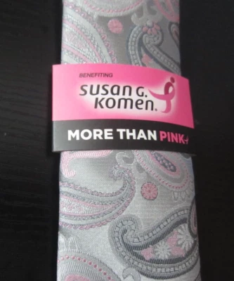 灰色和粉红色佩斯利领带男式乳腺癌意识 Susan G. Komen 全新 — 第 1/4 张图片