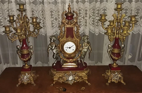 Vintage Imperial Brevettato Italian/German Franz Hermle Clock  w/ 2 Candelabras Cover
