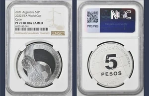 Argentina fifa world cup 2022 - 2021  qatar 5 pesos proof silver  NGC PF70 UC  - Picture 1 of 1