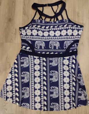 Tankini, Strandkleid, Badekleid, blau, weiß, Blumen, Elefanten, Gr. XL - Bild 1 von 3