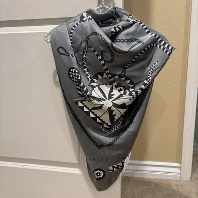 GUCCI women’s gray, white, silver silk scarf/shawl vintage #Vintage #GUCC - Image 1 of 3