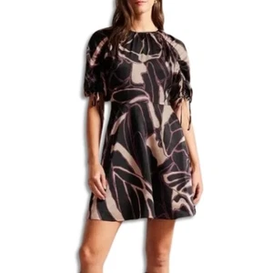 Ted Baker Gilliaa Casual Dress Open-Back Puff Sleeves Geometric Print W 4 NWOT - Picture 1 of 10