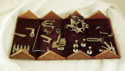 Vintage 1889 Treadle Sewing Machine Wooden Puzzle Box and Attachments Cover