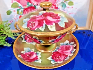 Nippon tea cup and saucer painted double handle teacup pink roses raised gold - Picture 1 of 14