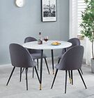 Small Round Dining Table In White Marble Finish With 4 Dark Grey Chairs