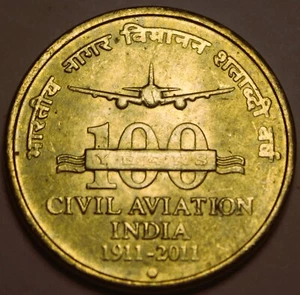 India 5 Rupees, 2011 Gem Unc~100th Anniversary Civil Aviation~SS~Free Shipping - Picture 1 of 2