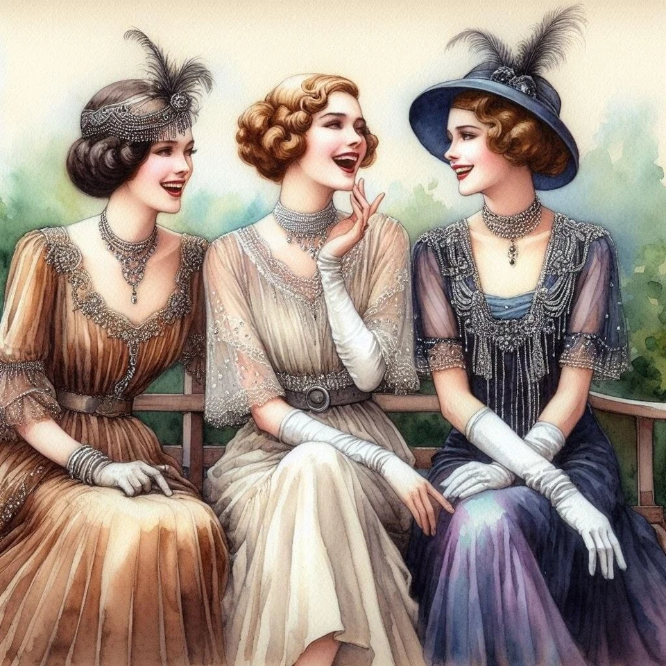 Vintage Art Deco Ladies at the Park #1 - 8x8 Cotton Quilt Crafting Fabric Block - Image 1 of 1