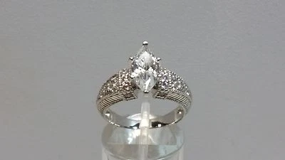 Beautiful 3 Ct Marquise & Round CZ Milgrain Antique Style Ring 925 Silver Size 7 - Image 1 of 4