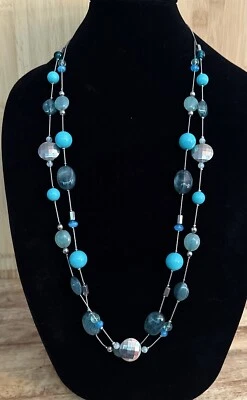 Double Strand Turquoise Green Blue Silver Tone Station Beaded Necklace 35” - Image 1 of 4