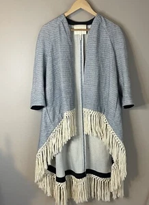 Maje Blue Duster Jacket Blue Cream With Fringe Size 1 - Picture 1 of 15