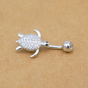 925 Sterling Silver Sea Turtle CZ Belly Bar Button Navel Ring Piercing A4218 - Picture 1 of 10