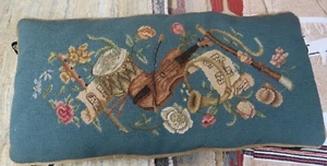 Vintage Hand Embroidered Petit-Point Needlepoint Piano Seat Cushion 28" X 13" - Picture 1 of 6