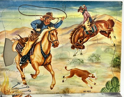 Antiga Família Indiana /TEEPEE--COWBOYS com Cavalos -Laso (2) Bandeja PUZZLES -FALHA - Imagem 1 de 4