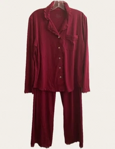 Lusome New Comfort Cooling Pajama Set Collared Pocket Lace Trim Burgundy Med - Picture 1 of 12