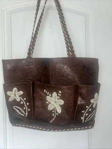 Leaders in Leather Vtg Tooled Leather Zippered Flower Tote Paraquay NEEDS REPAIR - Picture 1 of 9