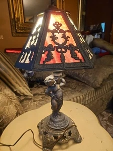 21" Antique Art Nouveau PINK& White Slag glass Cast metal Lamp - Picture 1 of 23