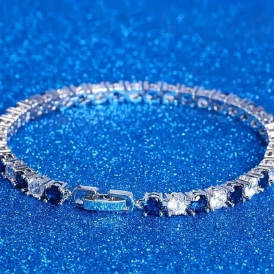 7 inch 4MM  Clear and Blue Sparkling  CZ Tennis Bracelet 925 Sterling Silver - Image 1 of 4
