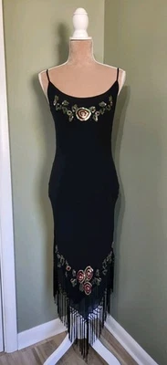Betsey Johnson VTG Floral Sequin Fringe Slip Dress Black Silk Fairy Y2K 90s 6  - Image 1 of 4
