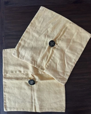 Pottery Barn Yellow Linen Pillow Cover Wood Button 18x18 Pair Set Of 2 - Image 1 of 4