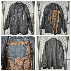 Vintage 80s Esquire Charcoal w/ Brown Accents Leather Long Bomber Jacket Large - Bild 1 von 11