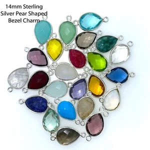 Birthstone Pear Connector, Bezel Gemstone Sterling Silver Charm Connector(2 Pcs) - Picture 1 of 15