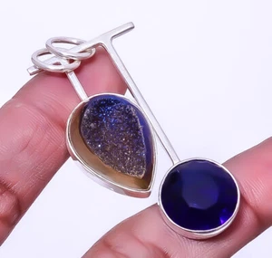 Titanium Purple Agate Drusy & Blue Sapphire Simulated 925 Silver Pendant 2.15" - Picture 1 of 2
