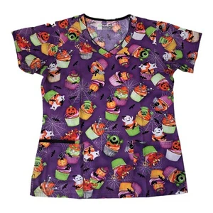 HALLOWEEN Scrub Top, by Bring It On. Uniform. Women’s Size SM Monsters Mike EUC - Picture 1 of 8