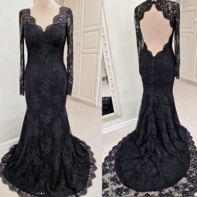Black Gothic Wedding Dresses Long Sleeves Lace Backless Mermaid Bridal Gowns - Image 1 of 4