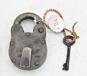 Vintage Solid Iron Padlock with Brass Tag: A Collectible Antique Lock & Key B12 - Picture 1 of 24